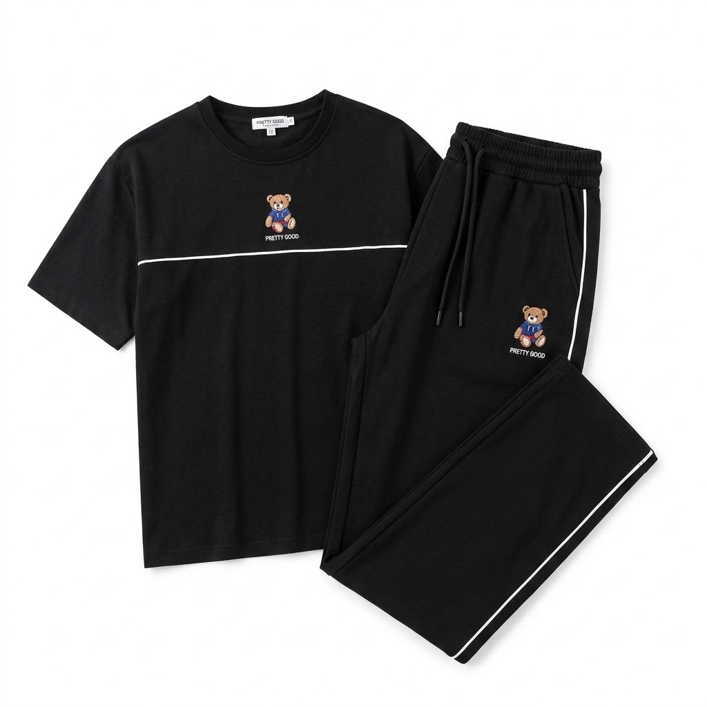 ست تیشرت و شلوار زنانه وارداتی طرح تدی رنگ مشکی